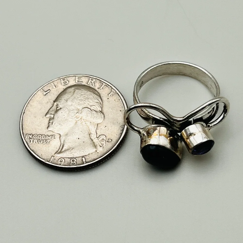 Silver Tone Bypass Ring Amethyst‎ Black Cabochon Stone Size 6 Boho Chic